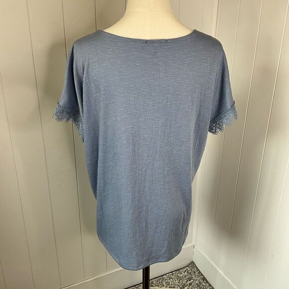 Fred David Womens Large Pullover Tie Neck Top Blue Tassels Textured Short Sleeve - Picture 7 of 13